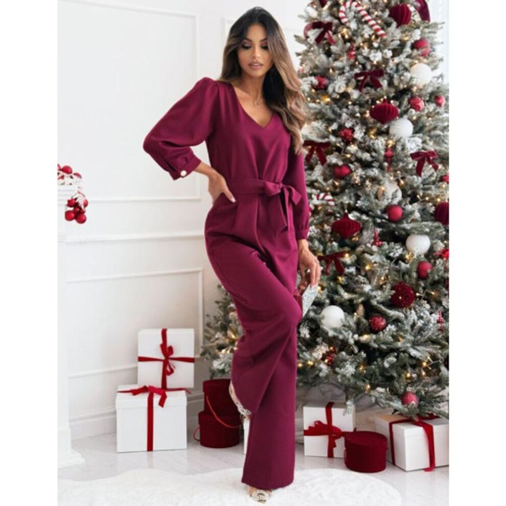 (M, red) New Fashion Long Sleeve Casual Loose Jumpsuits Women Elegant High Waist Straight Slim Fit Women's Jumpsuit Rompers Solid Office Lady Outfits 26059