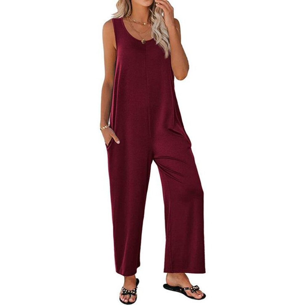 (XL, burgundy) Yyfs Women's Fashion Casual Summer Spring Solid Color Print Sleeveless Suspenders Loose Waistline Trousers Jumpsuits & Rompers