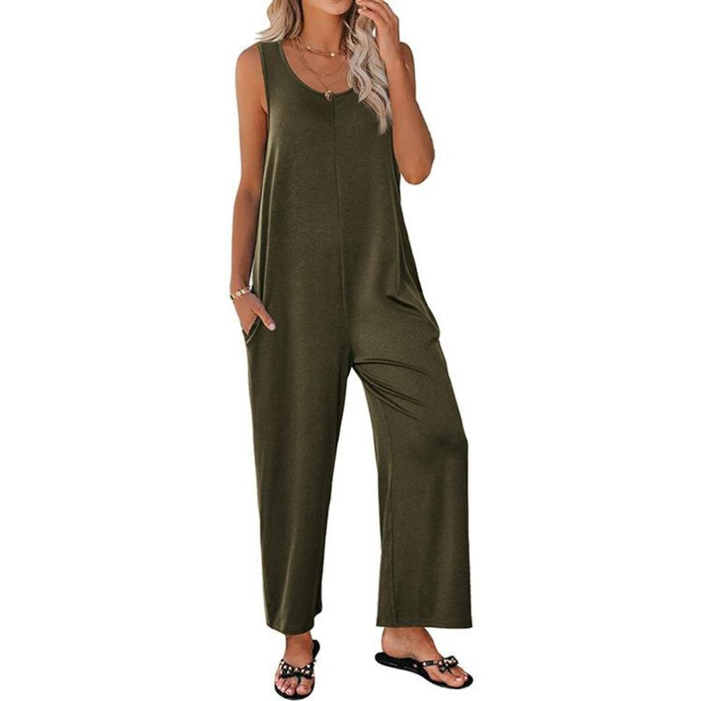 (M, army green) Yyfs Women's Fashion Casual Summer Spring Solid Color Print Sleeveless Suspenders Loose Waistline Trousers Jumpsuits & Rompers