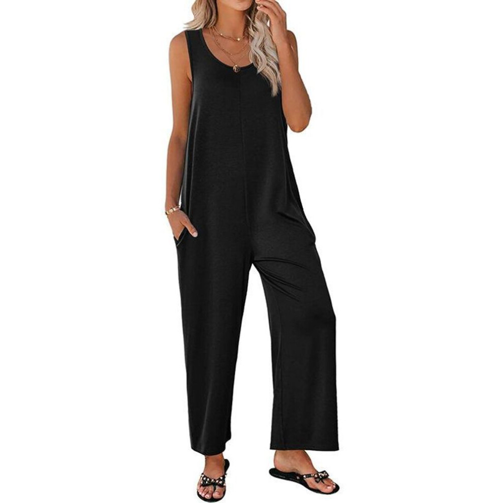 (L, black) Yyfs Women's Fashion Casual Summer Spring Solid Color Print Sleeveless Suspenders Loose Waistline Trousers Jumpsuits & Rompers