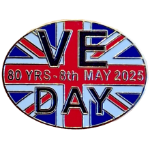 VE Day 80 Years Commemorative Oval Hard Enamel Pin Badge - Gold-Plated, 25x19mm, Butterfly Clasp