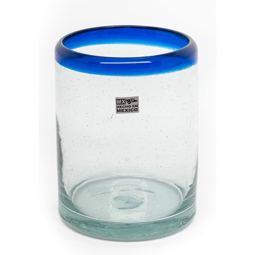 EMPORION Set of 6 Hand-Blown Tumbler (10 oz) Glasses from Mexico with Cobalt Blue Rim - Rustic & Handcrafted Recycled Bubble Glass Drinking Glassware