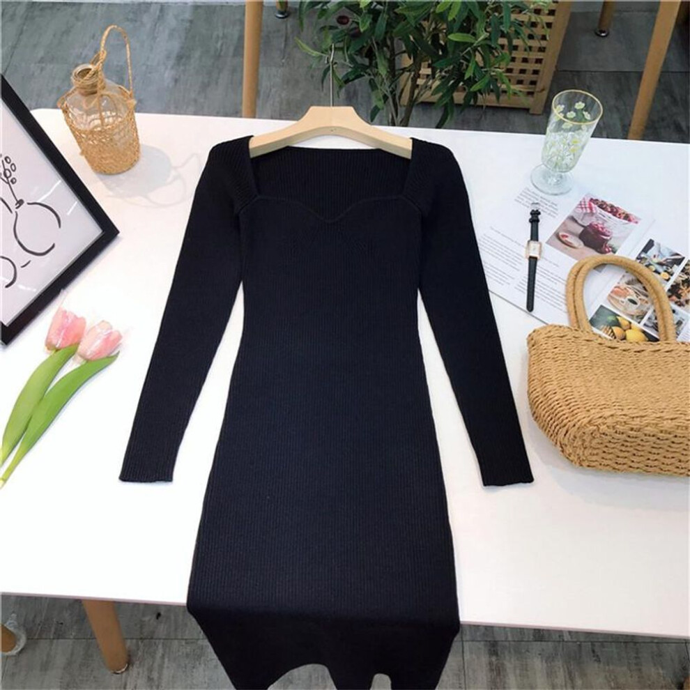 (black, M) Square Neck Ribbed Thicken Warm Knitted Dresses Women Long Sleeve High Stretch Basic Bodycon Dress Streetwear Vestidos C-121