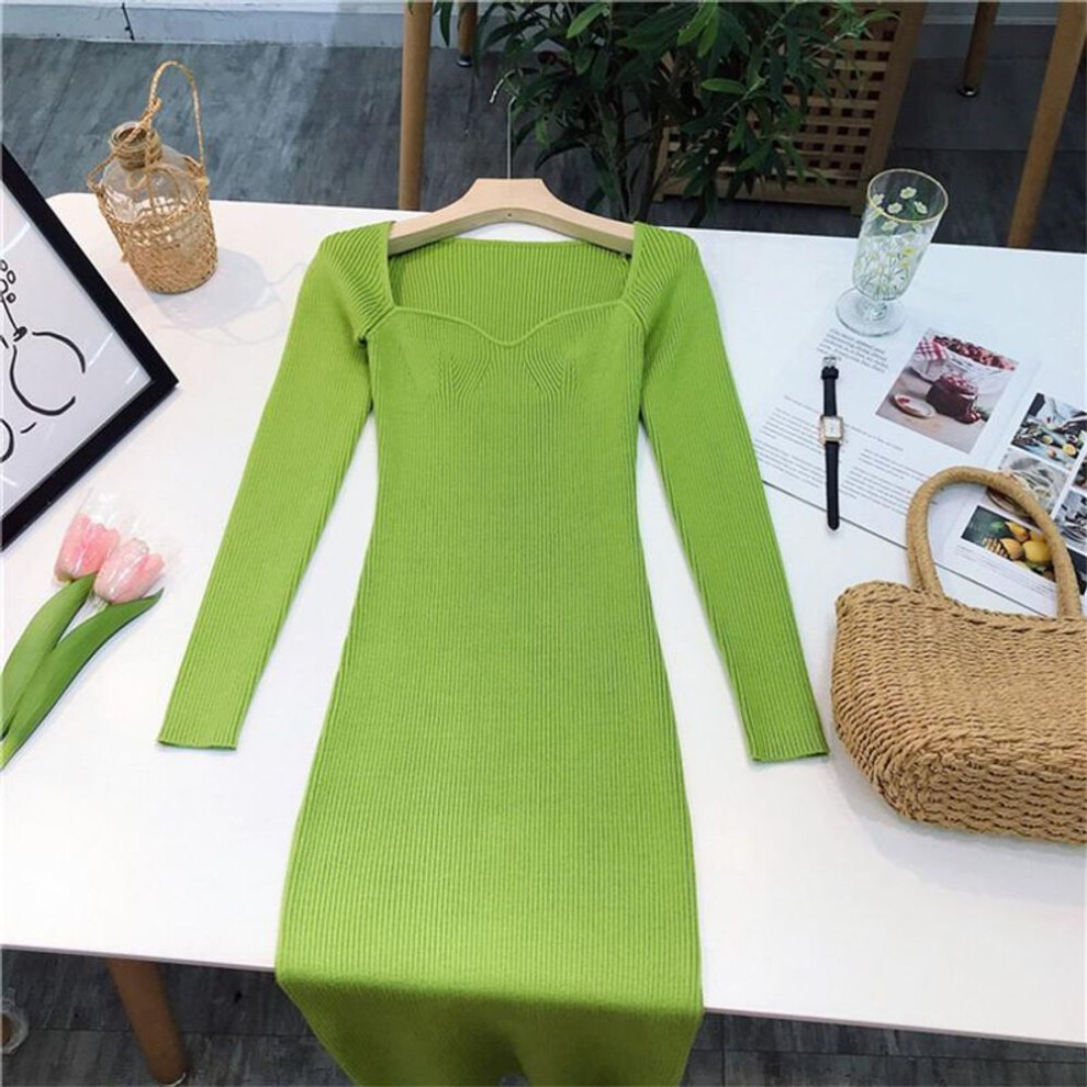 (emerald,green, S) Square Neck Ribbed Thicken Warm Knitted Dresses Women Long Sleeve High Stretch Basic Bodycon Dress Streetwear Vestidos C-121