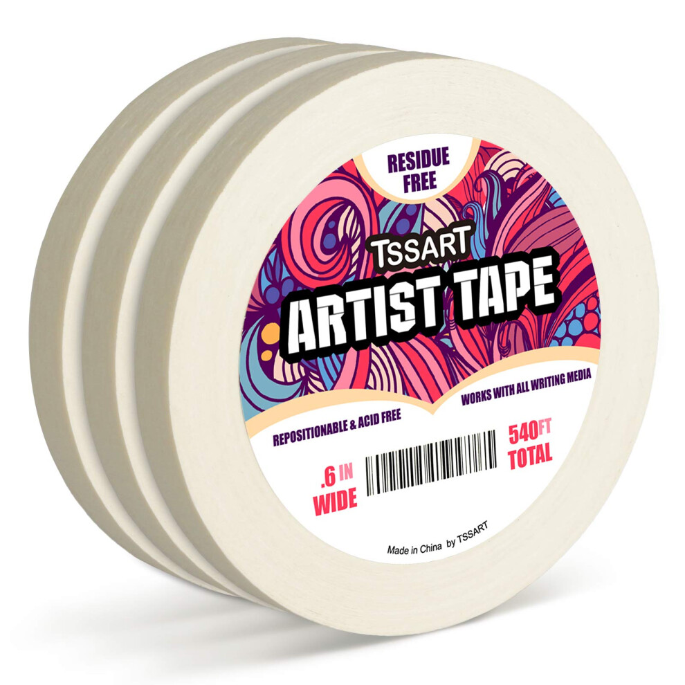 Tssart 3 Pack White Artist Tape - Masking Artists Tape For Drafting Art Watercolor Painting Canvas Framing - Acid Free 0.6Inch Wide 540Ft Long Total 758048038034