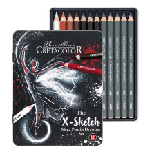 Cretacolor X Mega Drawing 12-Piece Tin Box Set Sketching Pencils White Chalk Oil Sanguine Oil Sepia Light Sepia Dark Nero Graphite