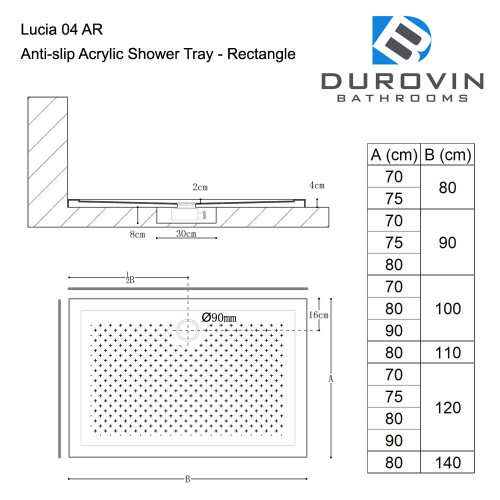Durovin Bathrooms Acrylic Shower Tray Anti Slip Surface - Rectangular - 900 x 700mm 2