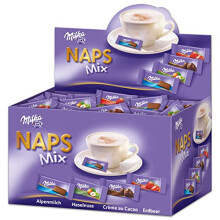 Milka Naps Mix 1 x 1,702 kg, Mini-Schokoladent?felchen aus Alpenmilch, Erdbeer, Haselnuss und Cr?me au Cacao