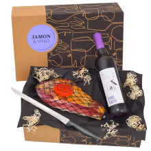 Delikatessen-Pr?sentkorb "Jam?n & Vino" mit Serrano-Schinken & Rotwein aus Spanien - Inklusive Schinkenmesser - Geschenkfertig verpackt in der spanisc