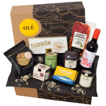 jamon.de Geschenkbox Ol? gef?llt mit spanischen Delikatessen I Pr?sent mit hochwertigem Serrano-Schinken, ausgesuchten Tapas-Klassikern & Rotwein aus