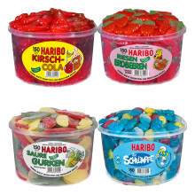 Haribo Set bestehend aus Kirsch-Cola, Riesen-Erdbeeren, Saure Gurken und Schl?mpfe, je 1 Runddose