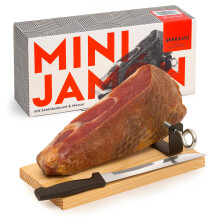 MINI-JAMON SERRANO von jamon.de | Im Geschenkkarton | Set mit Holzst?nder und Schinkenmesser