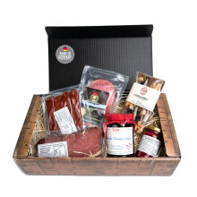 Kirschkiste - 6-teilig - Schlemmergeschenk mit Kirschmarmelade, Kirschsenf, Kirschwassersalami, Landj?ger, Schokolade und Schinken - eine s??e ?berras