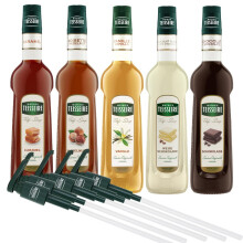 Mathieu Teisseire SET Caf? 5+5-5x Kaffee Sirup + 5x Pumpen - Karamell, Vanille, Schokolade, Haselnuss, Weisse Schokolade (5x 0,7l)
