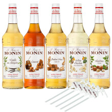 MONIN-SET Caf? 5+5 | 5 Liter Kaffee Sirup + 5 x Pumpen - Karamell, Vanille, Praline-Nuss, Haselnuss, Weisse Schokolade (5 x 1,0l)