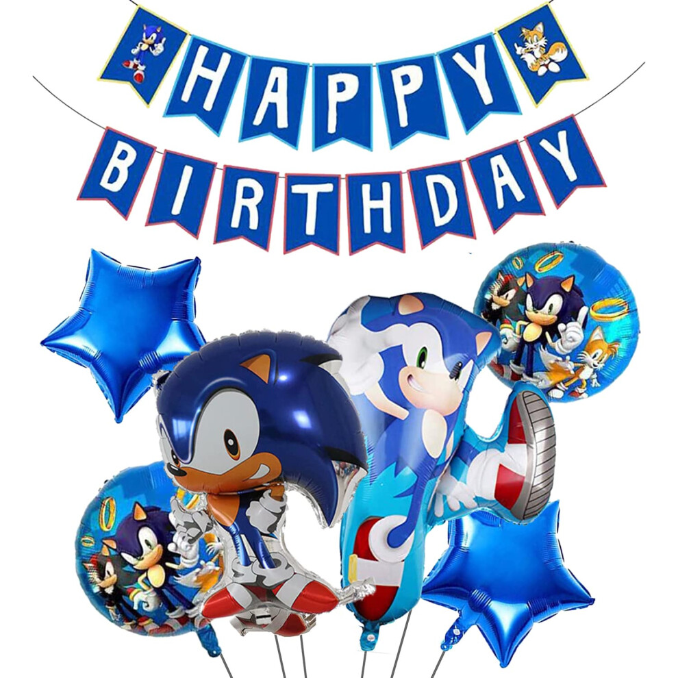 Clovercy Sonic Birthday Party Decorations Sonic Balloons Sonic Party Supplies - Happy Birthday Banner,6Pcs Sonic Foil Balloons For Kids Birthday