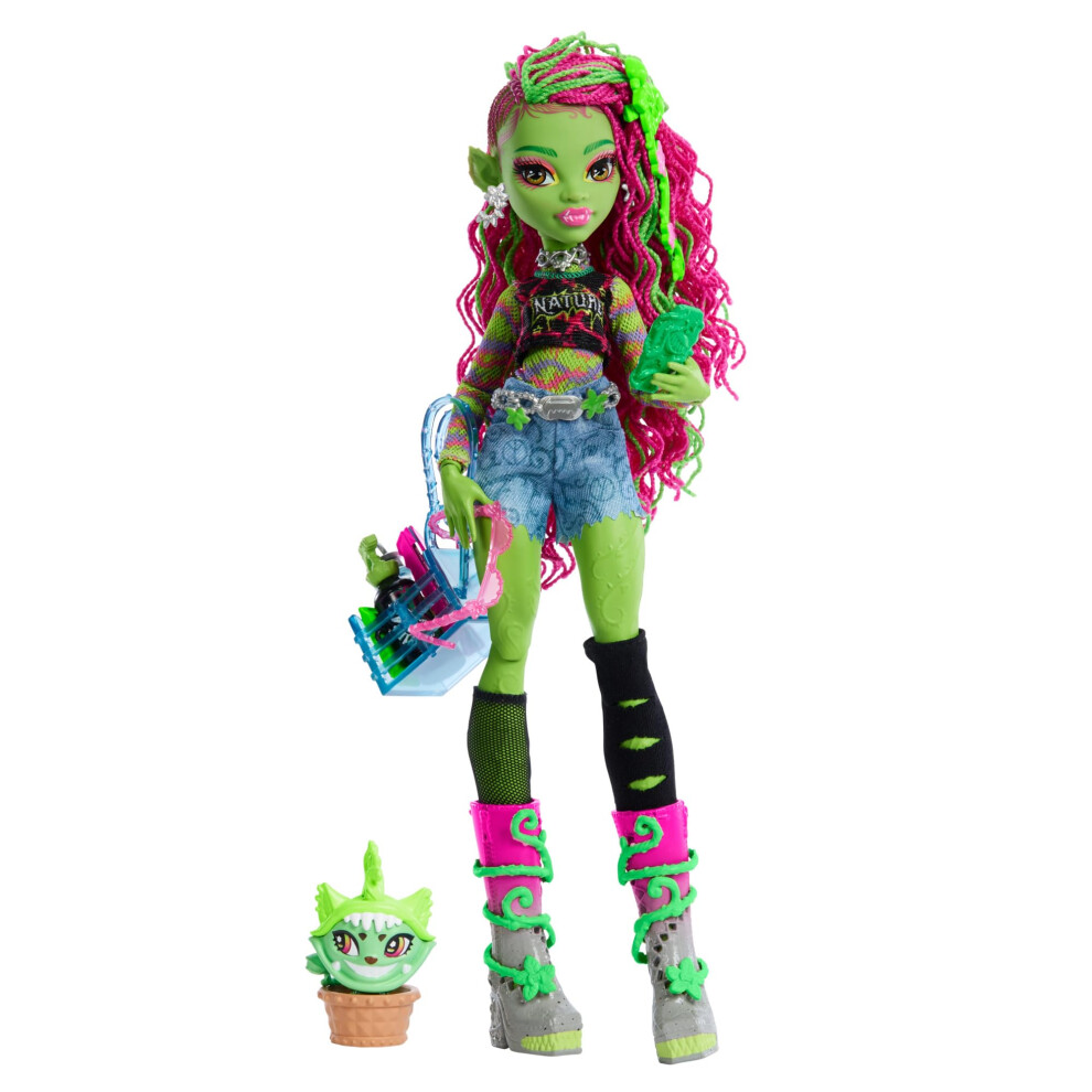 Monster High Venus Mcflytrap Doll, Plant Monster With Pet Cat Chewlian & Accessories Like Backpack, Notebook, Snacks & More, Hrp81