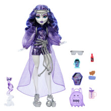 Monster High Spectra Vondergeist Doll with Pet Ferret Rhuen and Accessories like Backpack, Tablet, Snacks and More, HXH77