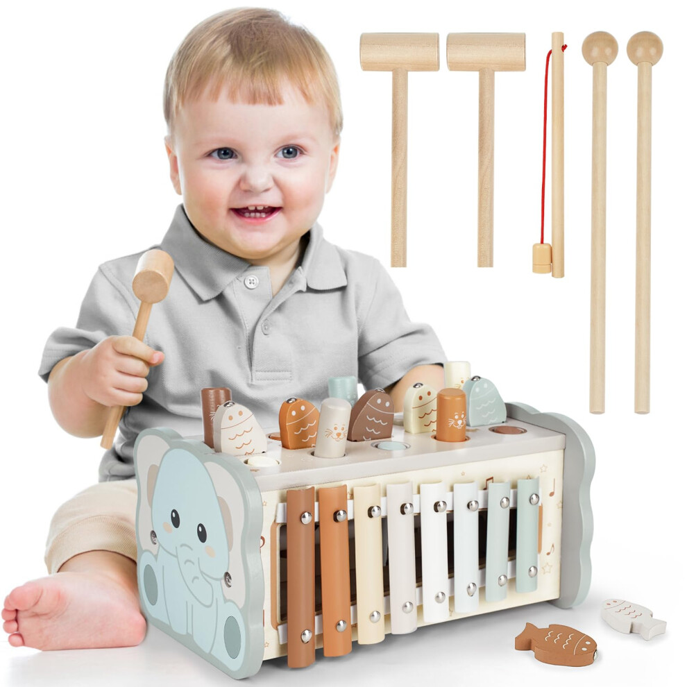 Dinorun Montessori Toys For 1 Year Old Boy Girls, Wooden Hammering Pounding Toy With Xylophone Whack A Mole Game Magnetic Fishing Game For Kids, Gifts