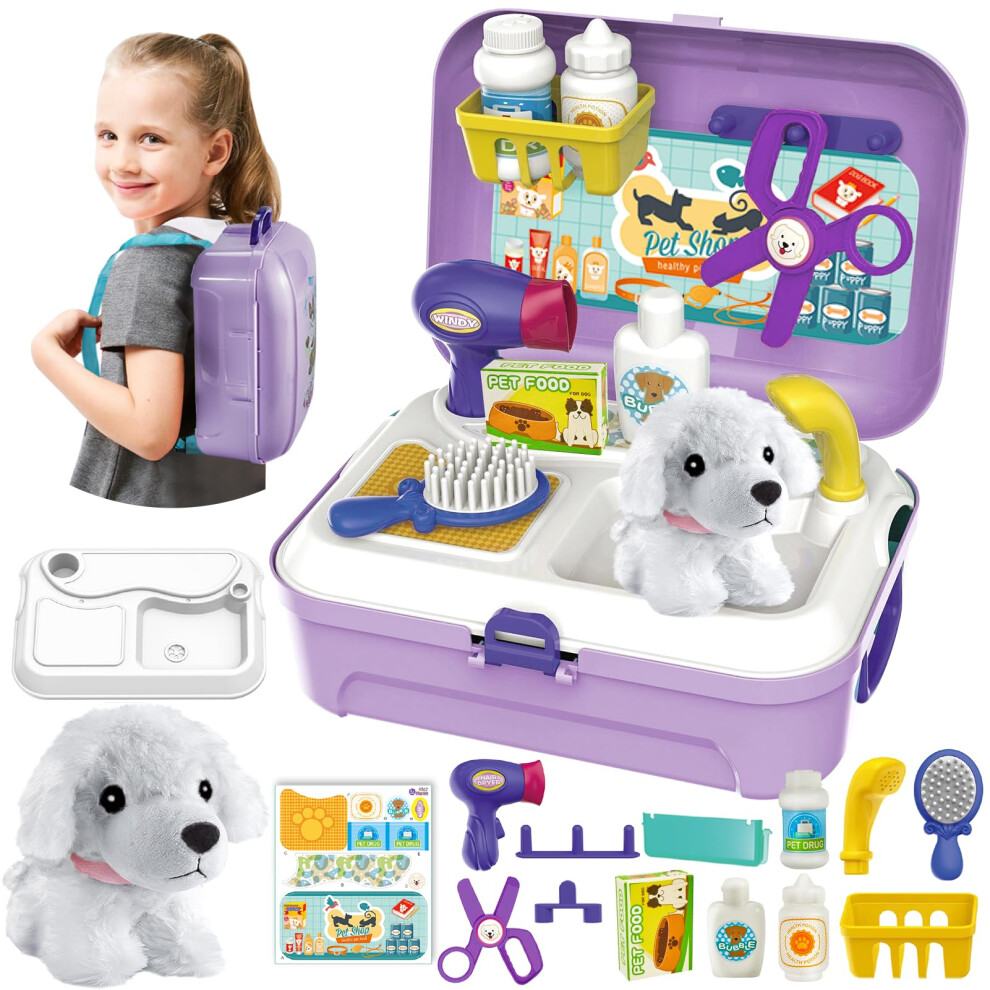 Hersity Kids Vet Kit Dog Grooming Toy Pet Care Role Play Games Animal Dolls Pretend Play Pet Carrier Set Toys 3 4 5 Year Old Girls Boys Children Gifts