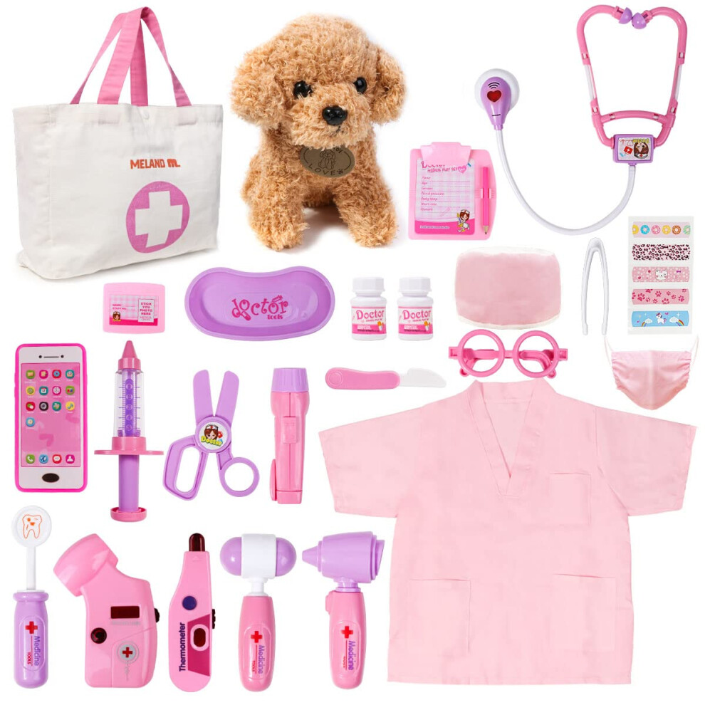 Meland Doctors Set For Kids - Children Pet Vet Care Play Set With Doctor Costume, Plush Dog, Pretend Role Play Medical Kit Toys Gifts For 3 4 5 6 Year