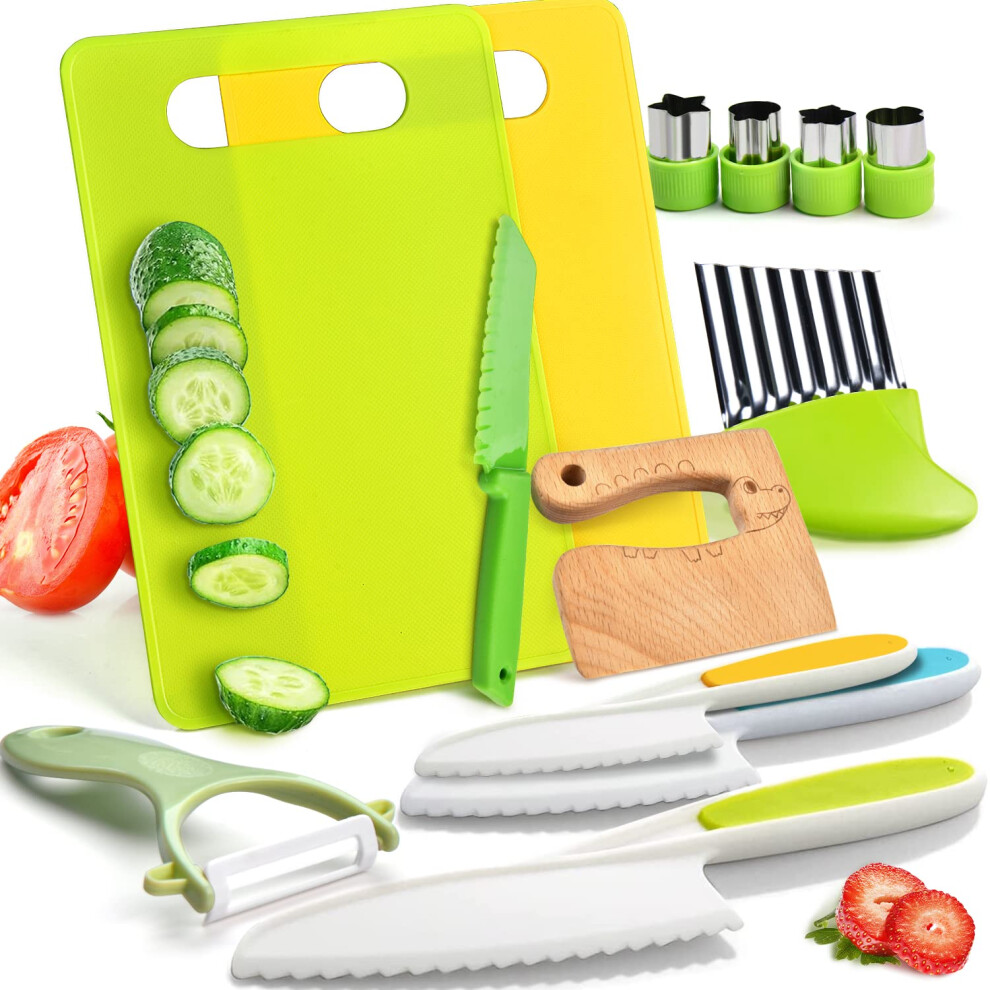 13 Pieces Wooden Kids Kitchen Knifes-Toddler Safe Knives Set For Real Cooking With Plastic Knives/Crinkle Cutter/Kids Cutting Tyrkuiy