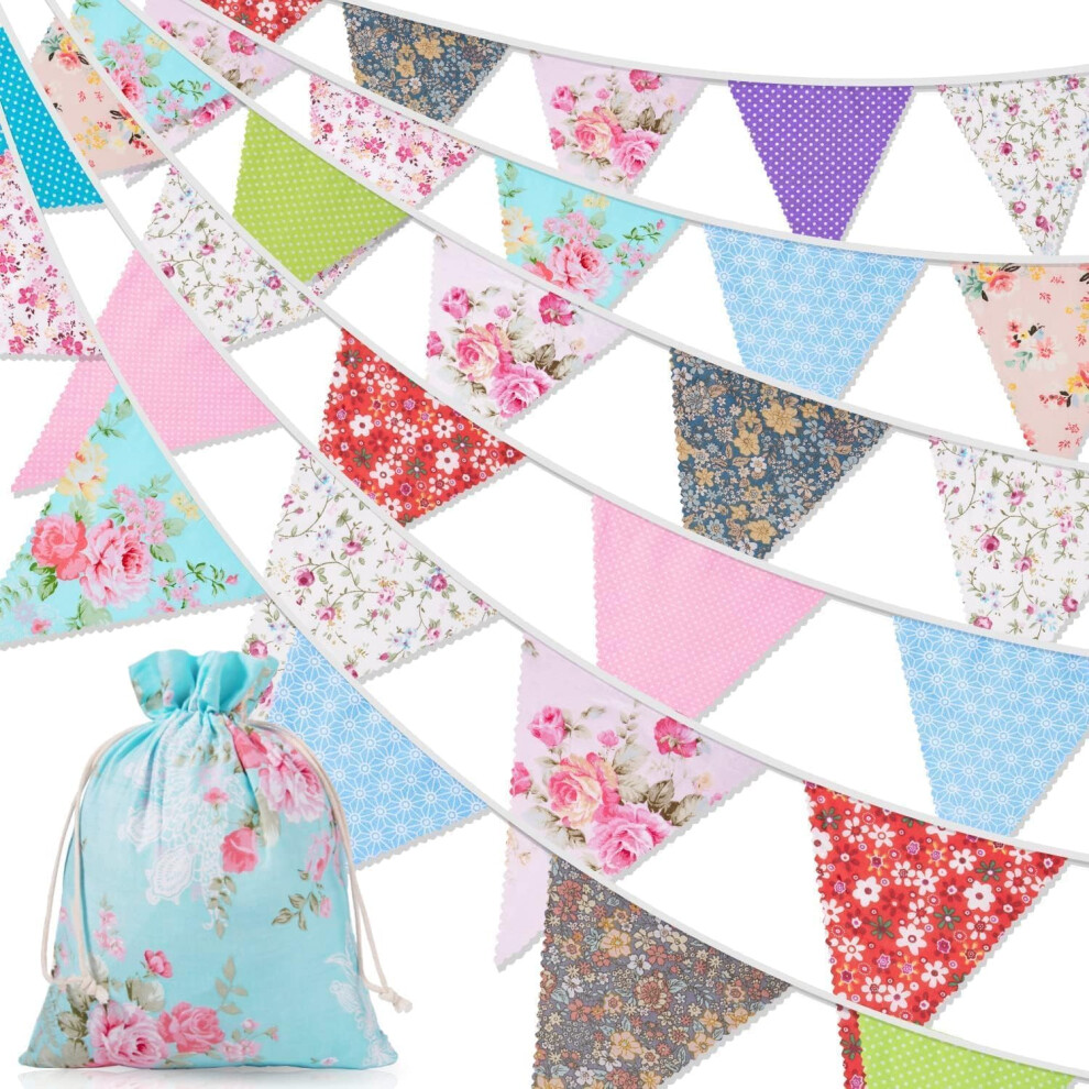 Orifinter 45.9ft Fabric Bunting, Ve Day Bunting, 46 Flags Vintage Bunting Banner + Drawstring Bag, Bunting Flags, Reusable Floral Bunting for Easter,