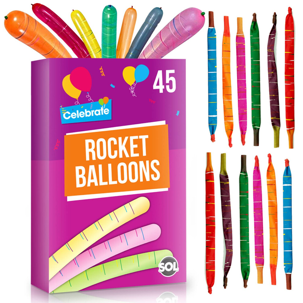 SOL 45pk Rocket Balloons, Assorted Colours Flying Whistling Party Bag Fillers for Kids, Durable Latex, Noisy Screaming, Perfect for Parties, Loot