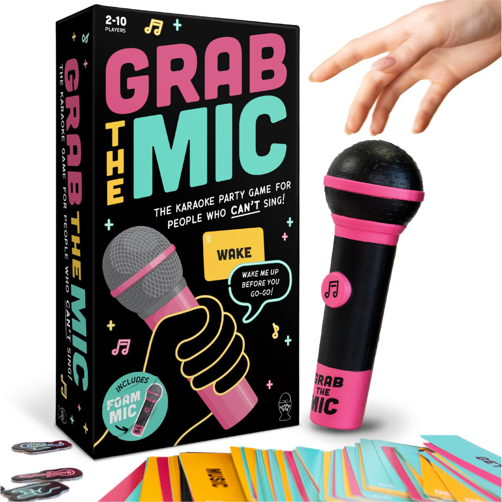 Lucky Egg Official Grab The Mic ? Family Karaoke Game, 8+ Year Olds, 2-10 Players - Board Game For Bad Singers With 250 Lyrics (125 Cards) For