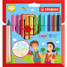 STABILO Cappi - Fibre-Tip Pen with Cap-Ring - Pack of 12 - Assorted Colours with 1 Cap-Ring