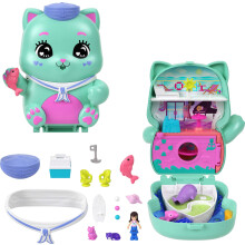 Polly Pocket Dolls and Playset, Set Sail Kitty Compact, Travel Toy with 1 Micro Doll, Pet Cats, Food & Fashion Styling Accessories, JCR37