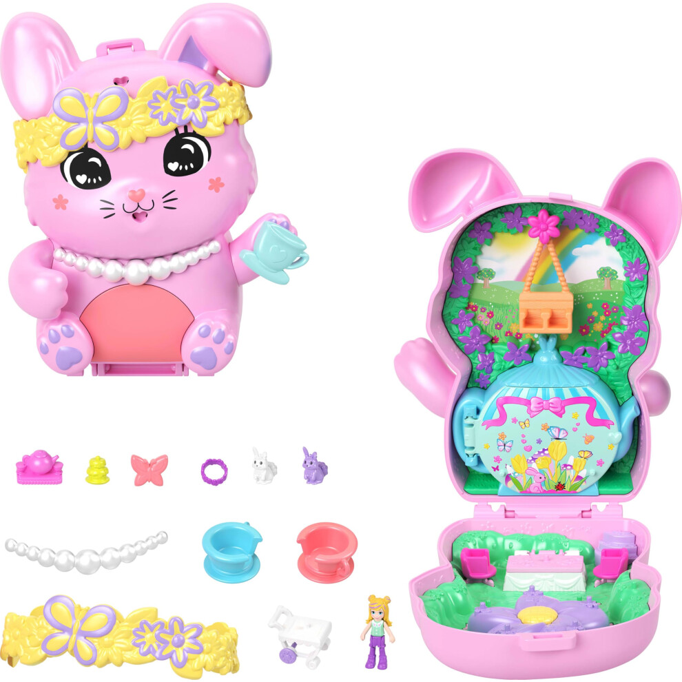 Polly Pocket Dolls And Playset, Tea Party Bunny Compact, Travel Toy With 1 Micro Doll, Pet Bunnies, Food & Fashion Styling Accessories, Jcr40