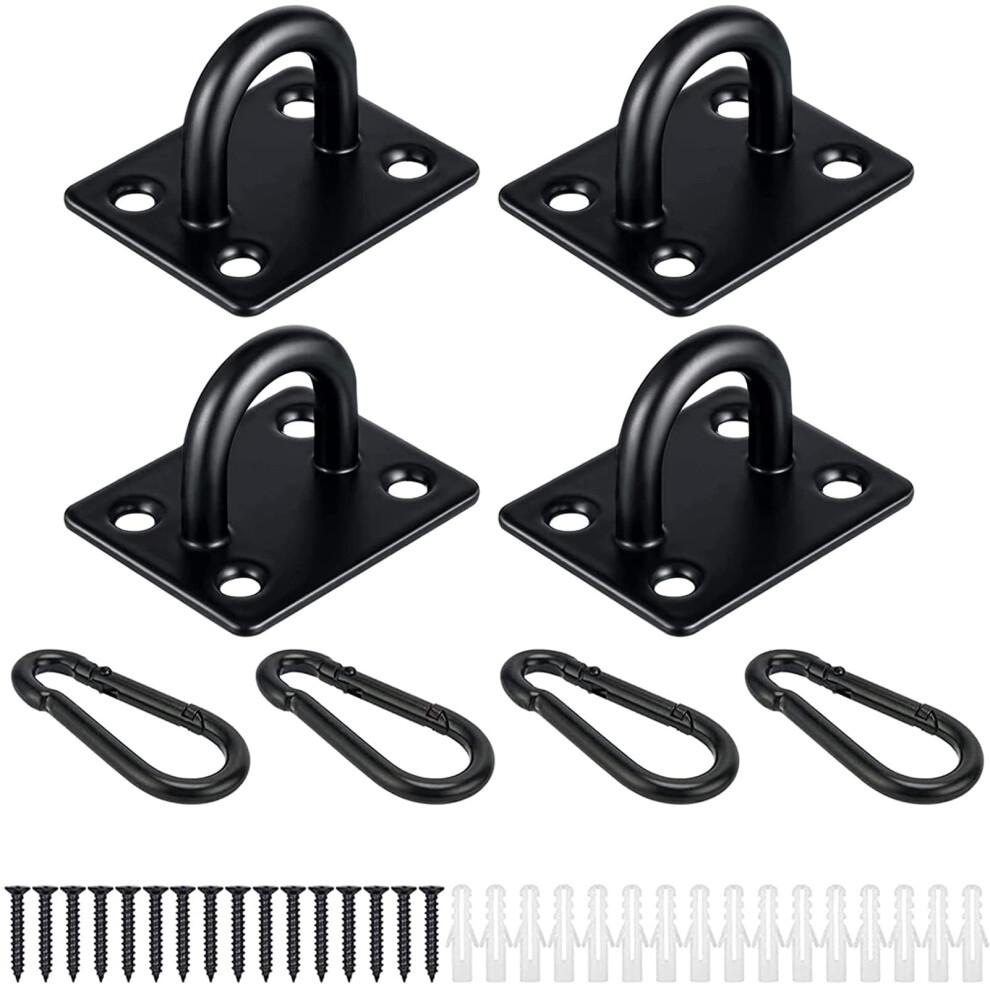 Eggmarch 4 Pcs M6 Oblong Pad Eye Plate And 4Pcs Carabiner Clips, Stainless Steel Staple Hook Loop Suspension Ceiling Hooks Marine Hardware Anchor 5051219558511