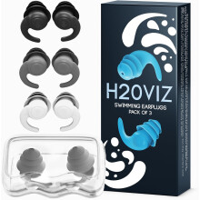 H20VIZ Pro Swim Ear Plugs | 3 Pairs | Waterproof, Reusable Silicone Earplugs for Swimming, Surfing, Snorkeling & All Water Sports | Black, White, Grey