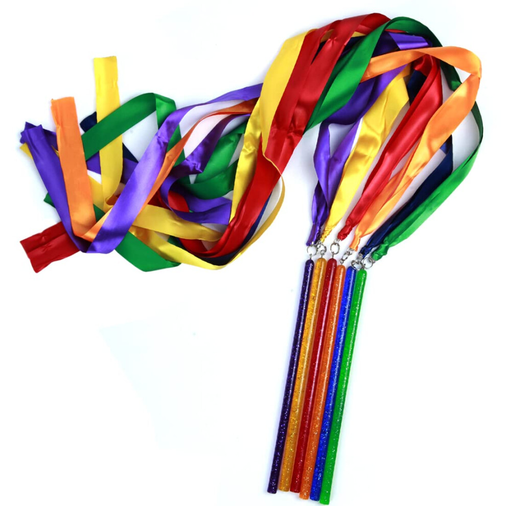 Gsi Multicolor Sparkling Gymnastic Ribbon Wands [6 Pack] With 9 Inch Stick And 1 Meter Ribbon For Gym, Training, Circus, Dance, Baton Twirling,