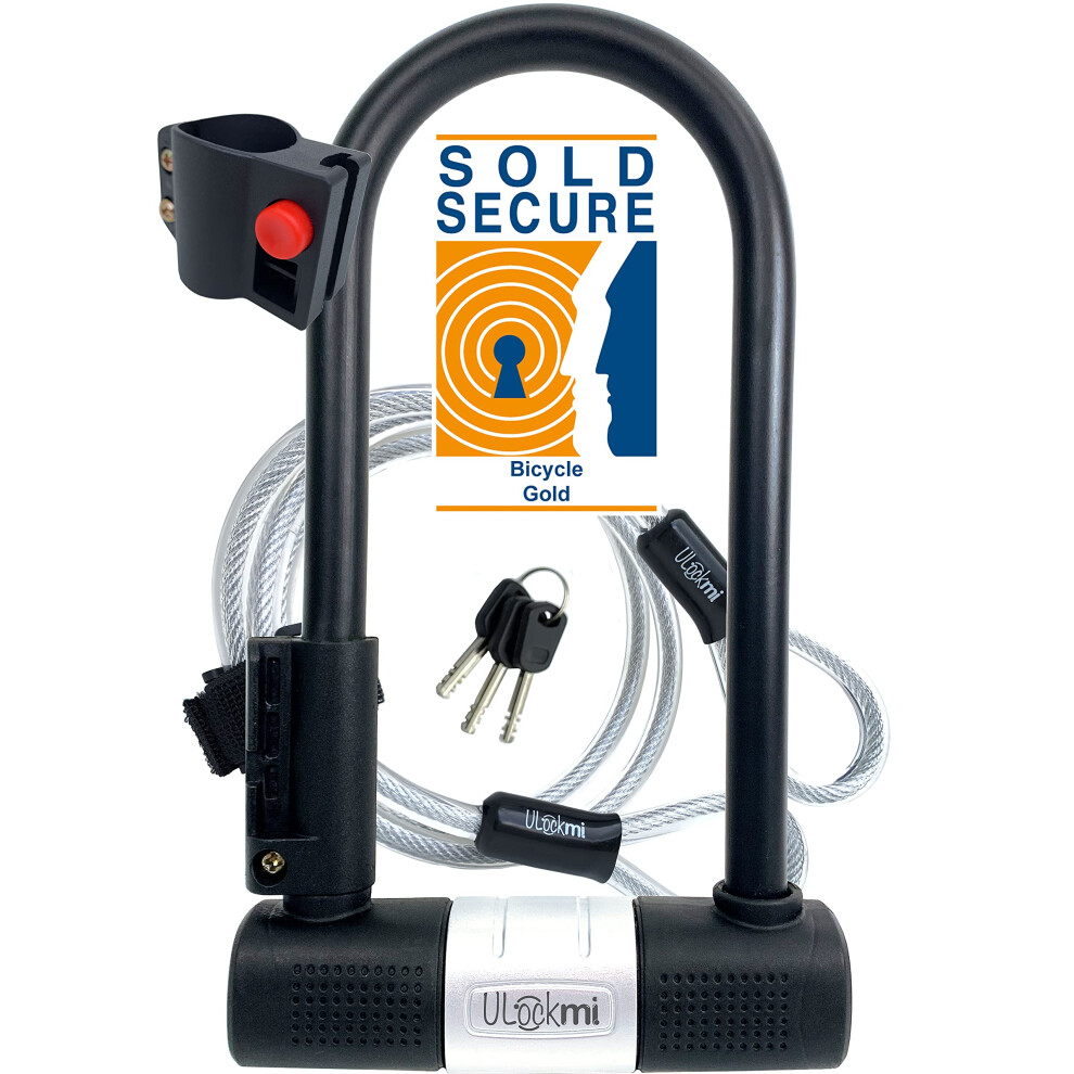 Ulockmi Twofold Bike U Lock With Cable | Sold Secure | Bicycle Lock 14Mm D Shackle | 3 Keys Mounting Bracket | Ulock For Bikes Scooter Electric Folding Gold