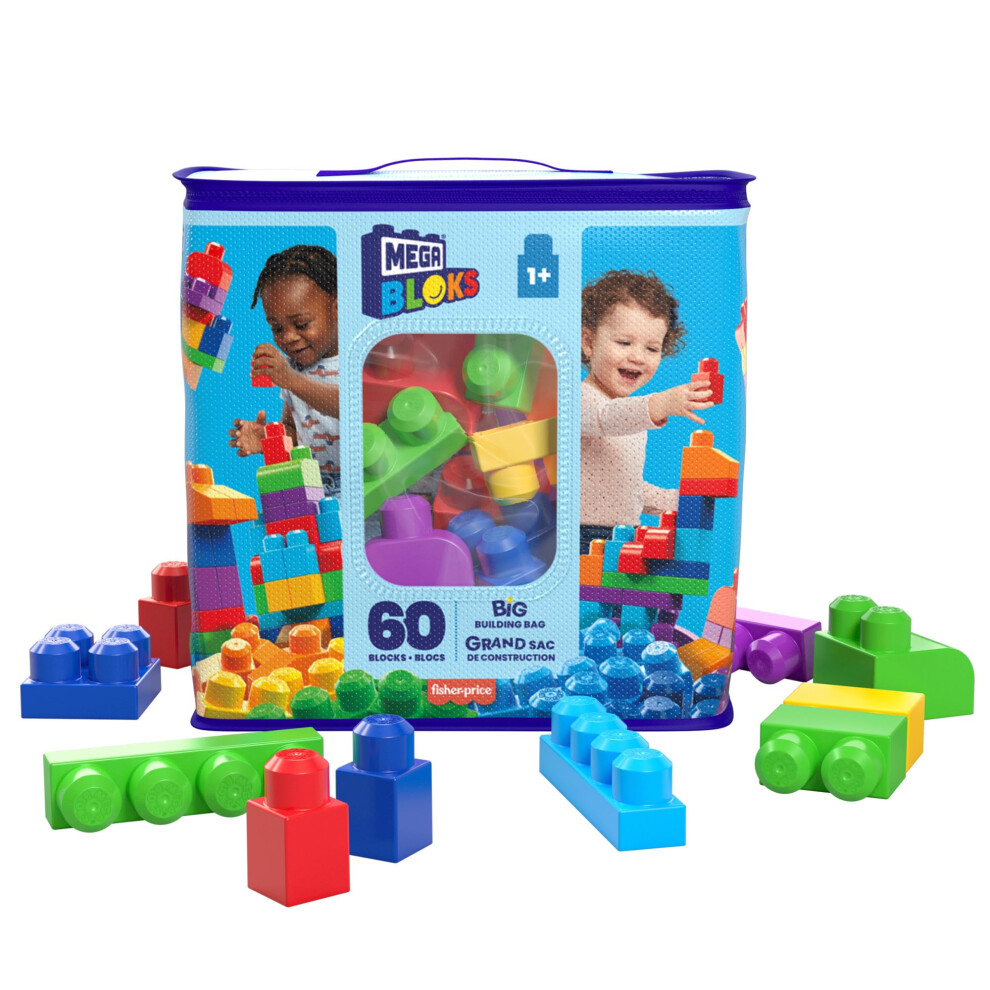 Mega Brands Mega Bloks Big Building Bag Building Set With 60 Big And Colorful Building Blocks, And 1 Storage Bag, Toy Gift Set For Ages 1 And Up, Dch55