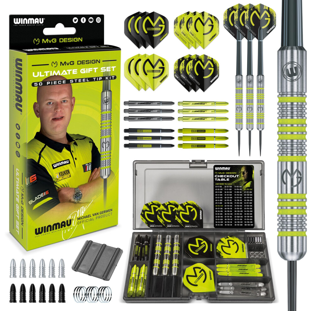 Winmau Darts Set Michael Van Gerwen Mvg Steeltip Gift Case - 50 Piece Dart Set | 20G Steel Tip 90% Tungsten Darts | 4 X Shafts | 4 X Flights |