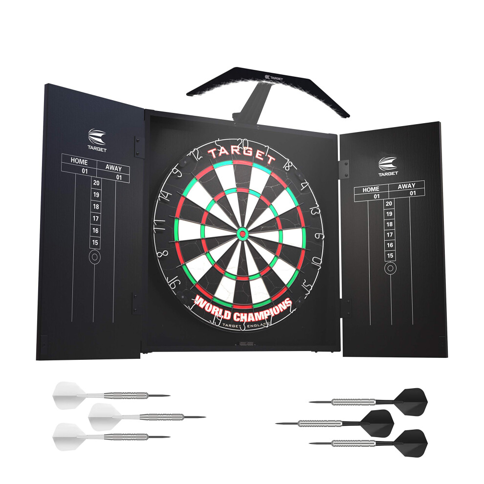Target Darts Arc Dartboard Lighting System Home Cabinet Set - Includes World Champions Dartboard And 2 Sets Of Darts Black