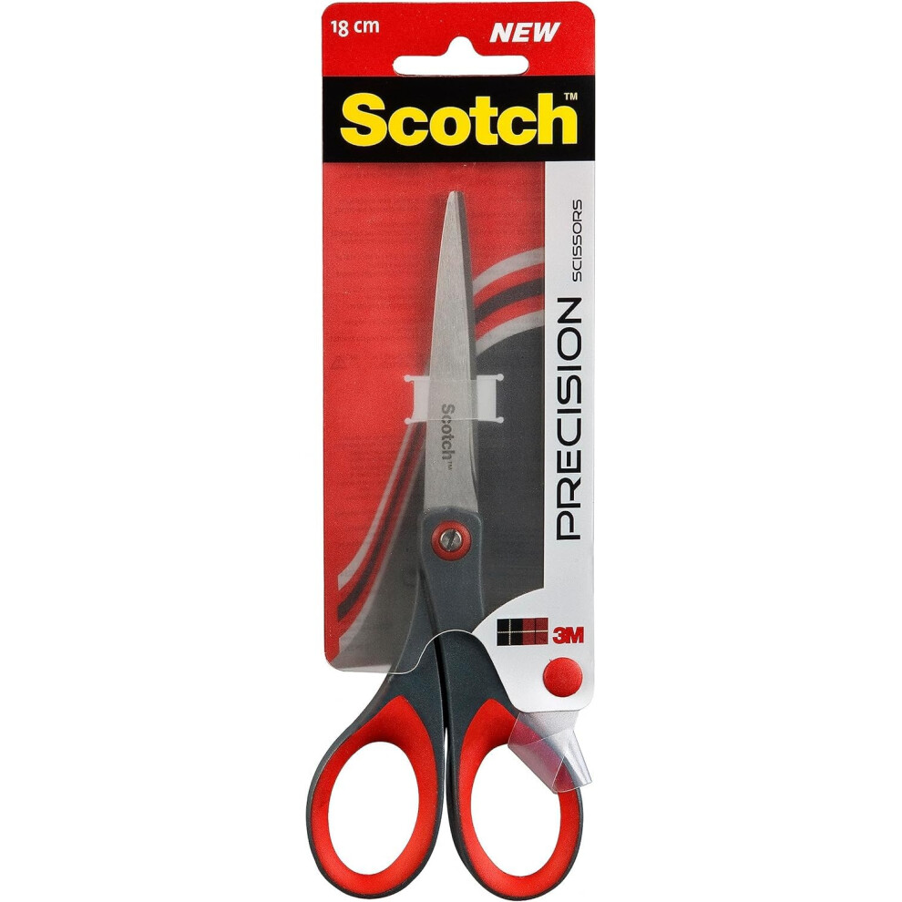 Scotch Precision Office Scissors with Stainless Steel Blades - 18 cm - Ideal for Precise Cutting, Good for Right Hand Use and Left Hand Use - Grey/Red