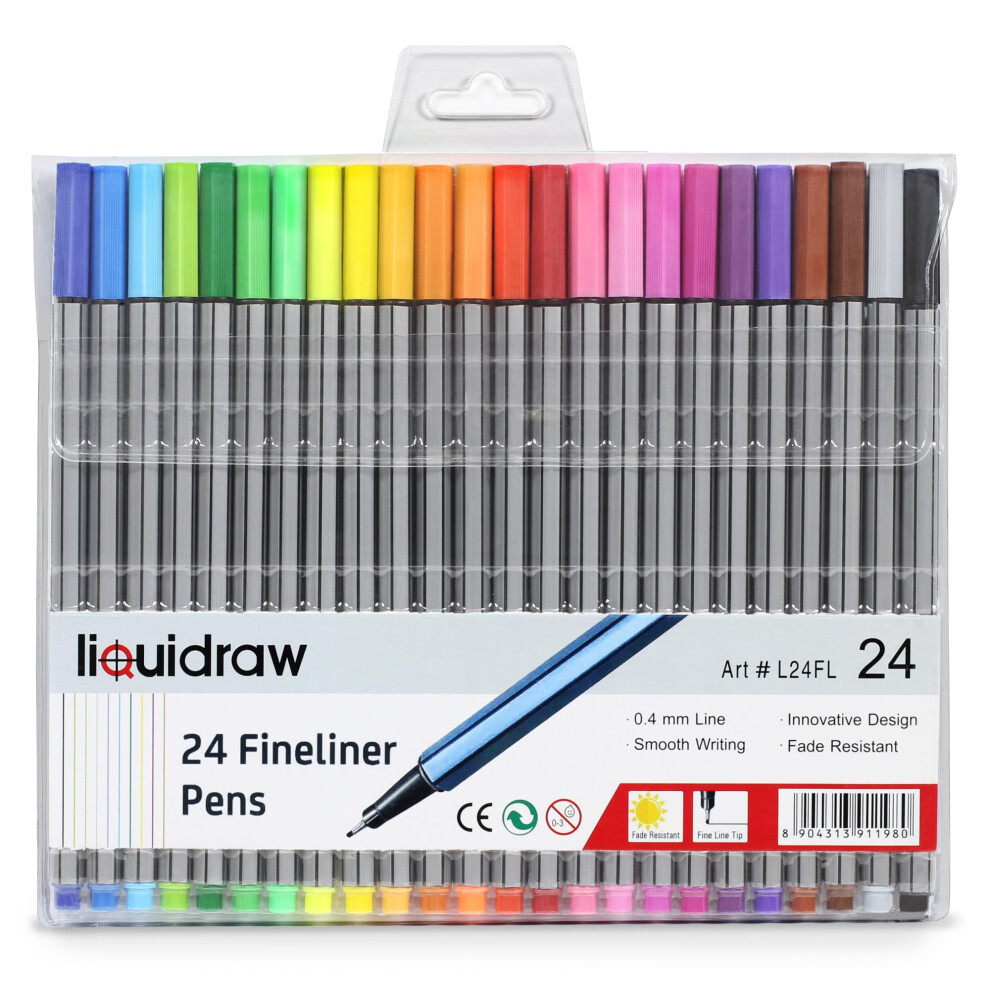 Liquidraw Fineliner Colouring Pens - 24 Pack | 0.4 Mm Fine Tip | Assorted Vibrant Colours | Innovative Design Ideal For School, Work & Office Use |