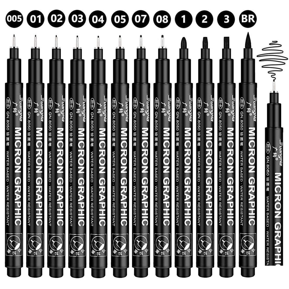 Gelanty Fineliner Pens Set 12 Pack Fineliners Technical Drawing Pens, Micro Liner Art Pens For Artist, Brush Pens For Art Sketching, Technical Black