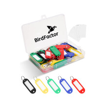 50 Pack Key Tags with Labels - 5 Colours, Plastic Box with Extra Paper Labels, Key Rings & Key Fobs with Split Rings for Keys, Pets