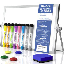 Nicpro Dry Erase Mini Whiteboard A4, 20 x 30 cm Double Sided Small Magnetic Desktop White Board with Stand, 8 Pens, 1 Eraser,4 Magnet, Portable Board