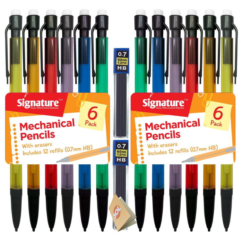 SOL 12pk Mechanical Pencils with Built-In Eraser - 0.7mm HB Lead Propelling Pencils, Includes 24 Refill Leads for Extended Writing, Durable and