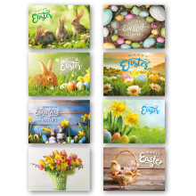 Easter Cards Pack of 8. Multipack has 8 different Mixed Easter Designs. Ecofriendly, recyclable, plastic free cards, envelopes and box. Blank Inside.