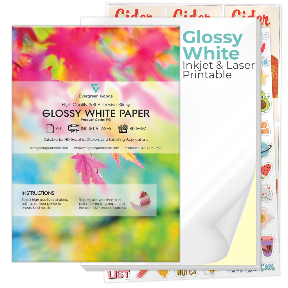 Evg 50 Sheets A4 Glossy Sticker Paper - Inkjet & Laser Printable | Make Your Own Stickers, Arts & Craft, Cutter Compatible For Cricut, Strong Sticky White