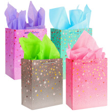 4 Gift Bags (9x 7x 4 inch) with Tissue Paper Birthday Gift Bag Set with Handle Paper Gift Bags for Present for Women Men Kids Parties, Wedding, Baby