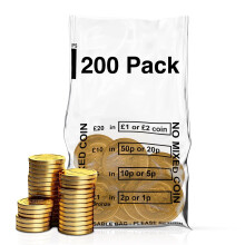 Swoosh CB-50 Pack of 200 Clear Coin Bags for UK Banking - No Mixed Coins, Reusable, 30-micron Plastic, Pre-Printed Denominations