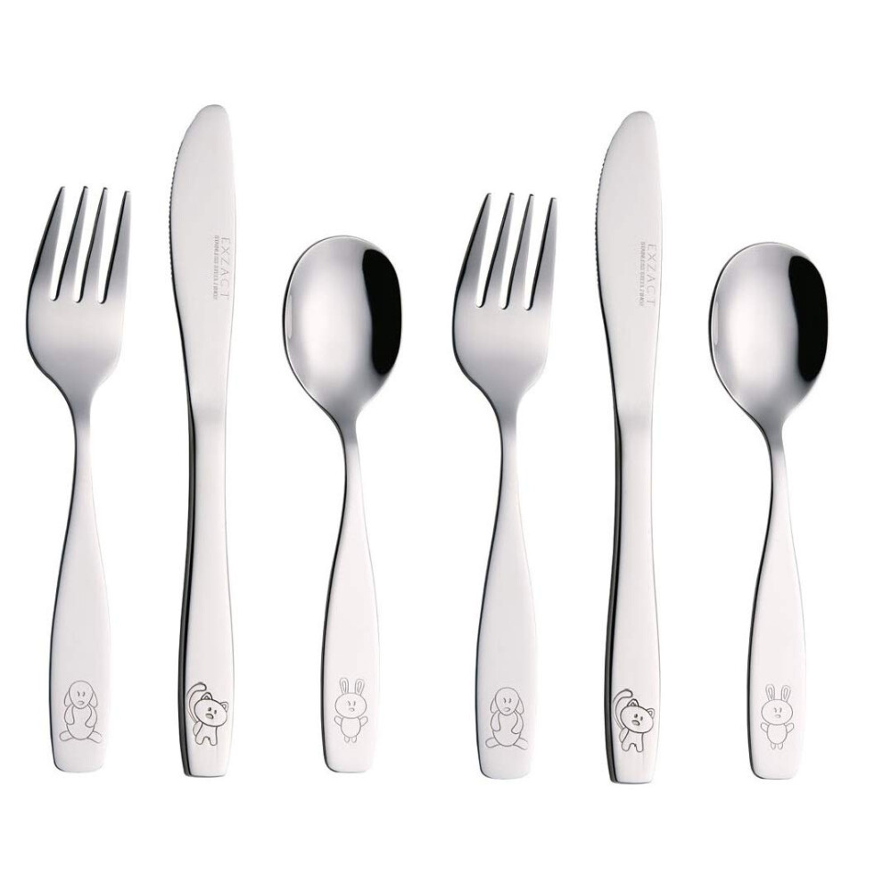 Children's Cutlery Stainless Steel 6Pcs Set/Kids Cutlery/Toddler Utensils/Flatware - 2 X Forks, 2 X Safe Dinner Knives, 2 X Dinner Spoons - Exzact